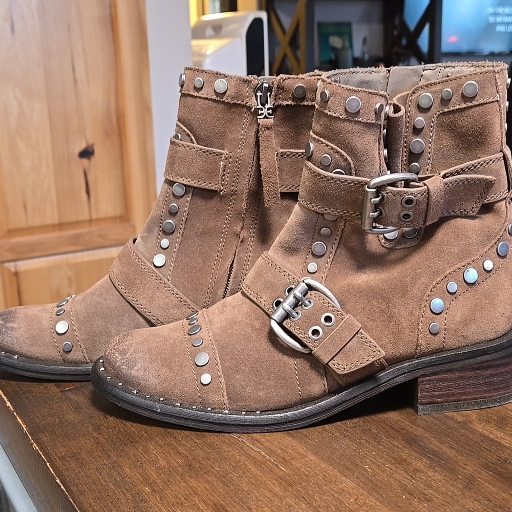 Sam Edelman Drea Studded Suede Tan Moto Boots Ladies 6.5 - Picture 2 of 10